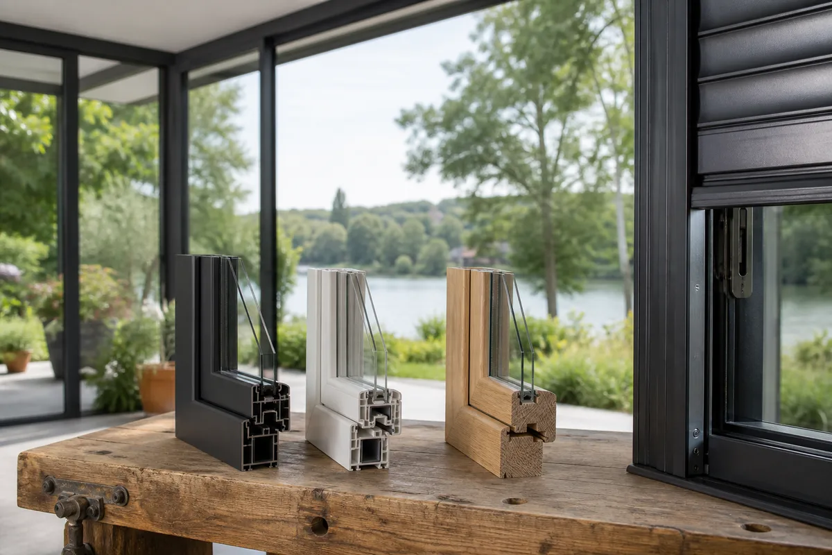 Comparaison de profilés aluminium, PVC et bois en coupe sur un établi