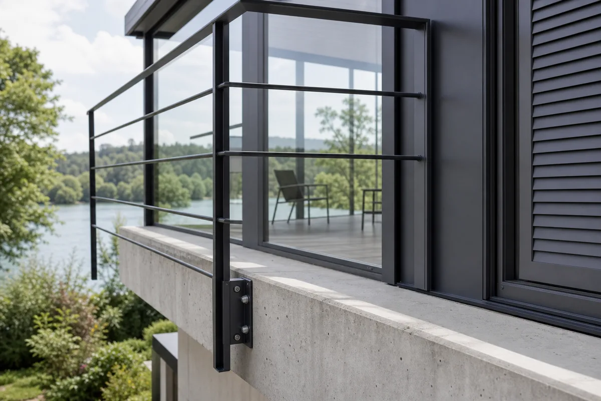 Fixation en applique d&rsquo;un garde-corps aluminium sur un nez de dalle béton