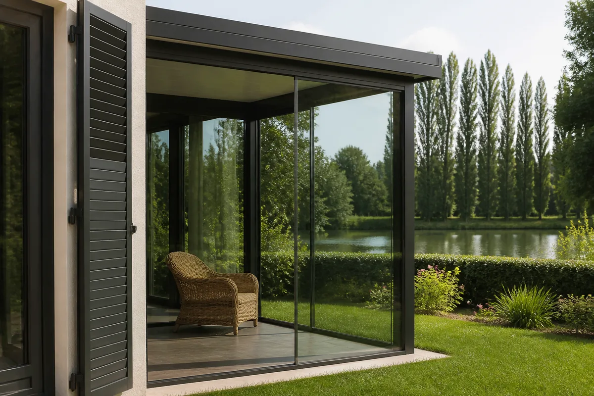 Véranda en aluminium à toiture vitrée ouverte sur les berges de la Marne, montants fins anthracite au soleil couchant