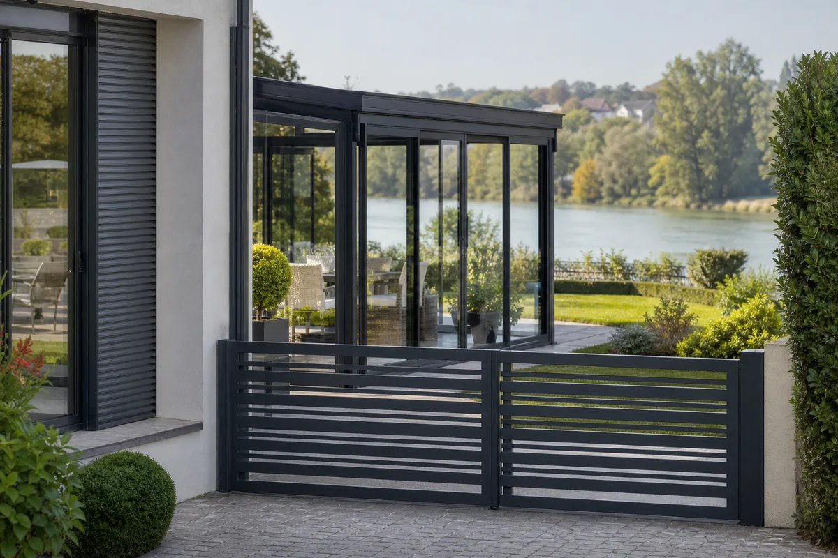 Portail aluminium coulissant à lames horizontales devant une allée pavée