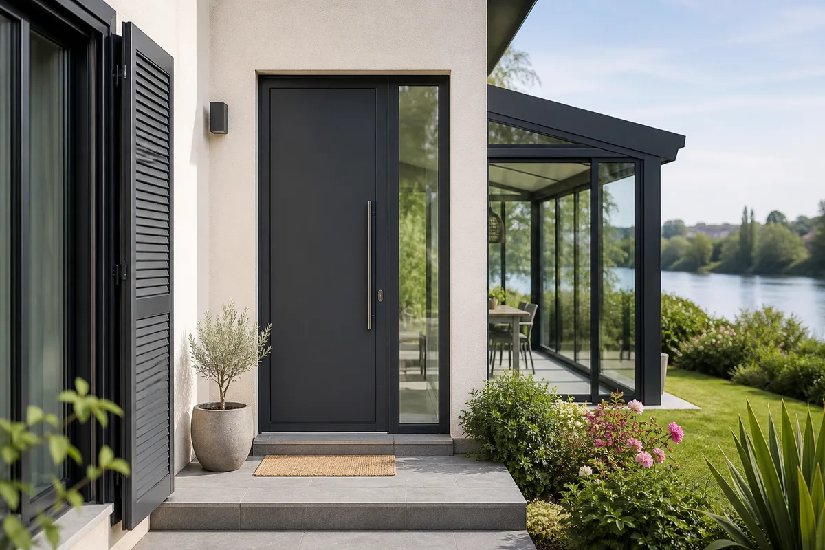 Porte d’entrée aluminium à panneau plein et fixe latéral vitré sur un perron