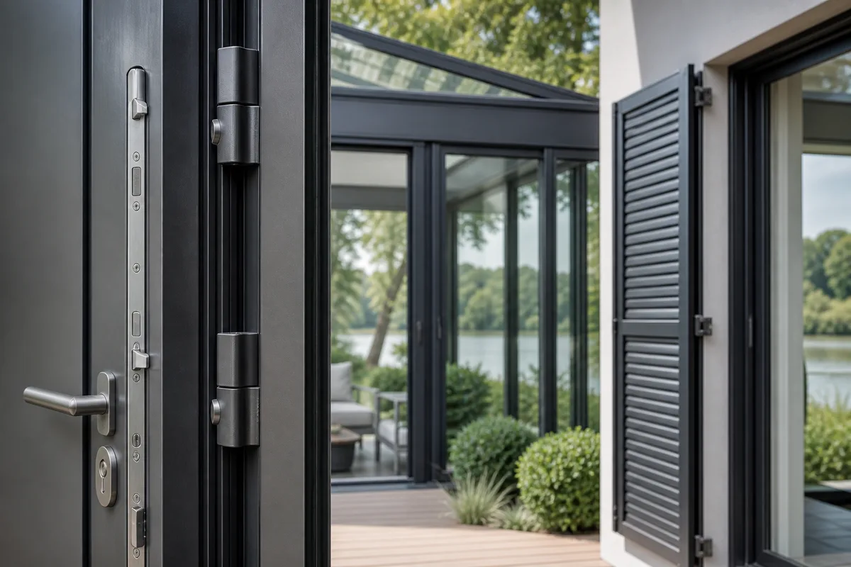Détail de serrure multipoints et de paumelles sur un bloc-porte aluminium