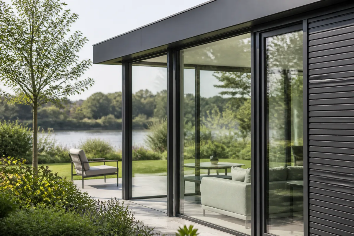 Extension vitrée contemporaine à toiture plate ouverte sur un jardin