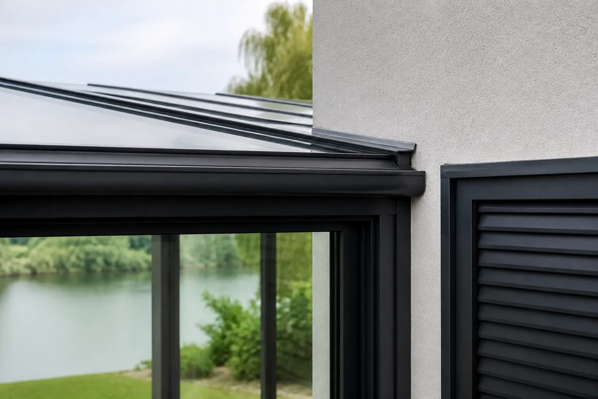 Détail de jonction entre une toiture terrasse vitrée et un mur enduit