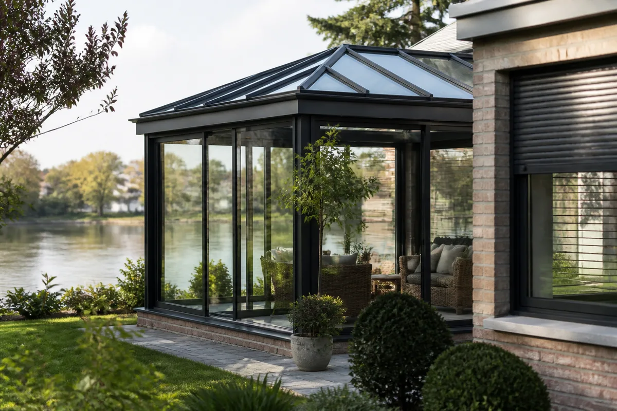 Véranda traditionnelle à toiture à pans accolée à un pavillon de brique