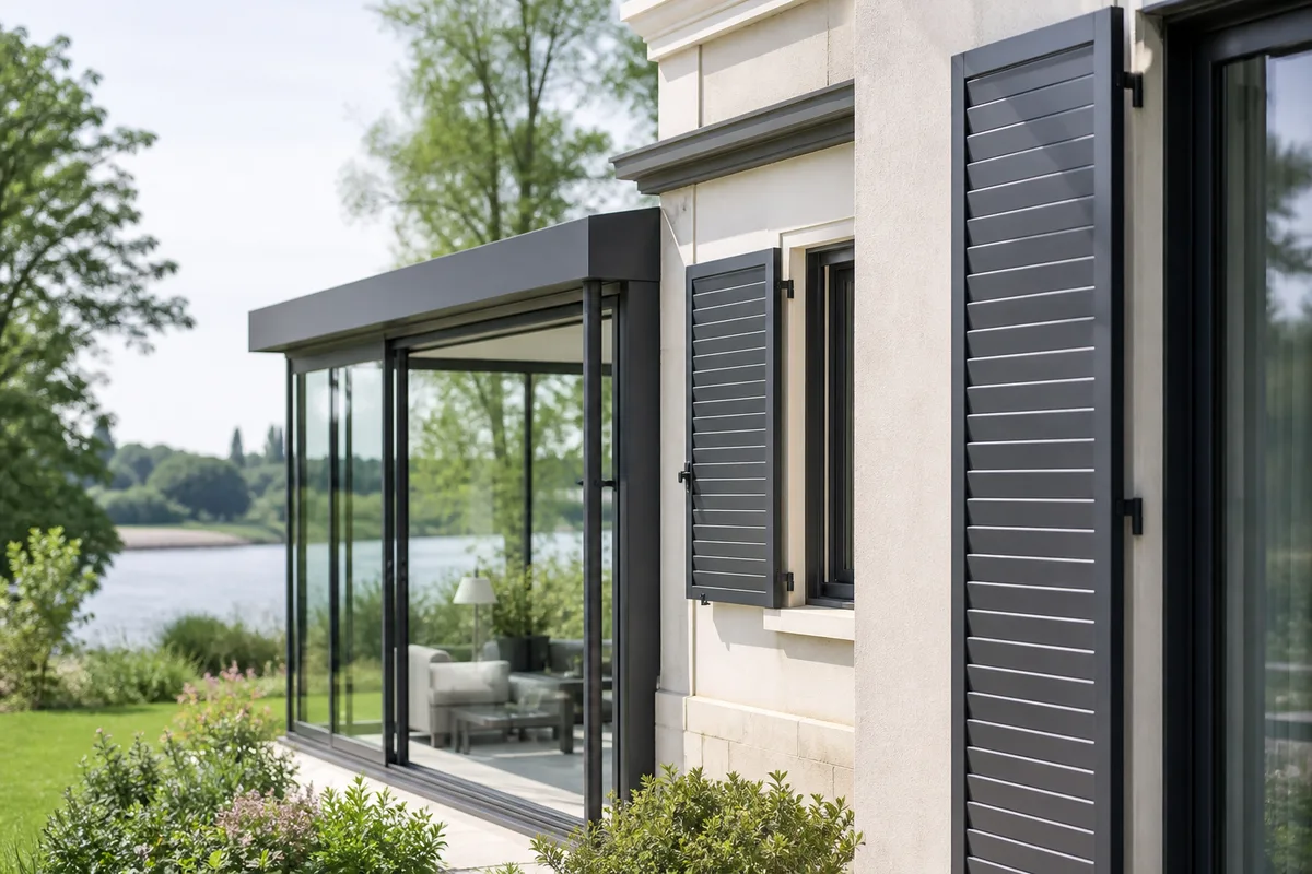 Volets battants aluminium à lames obliques sur une façade de pavillon